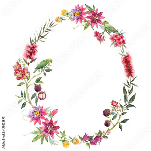 Beautiful tropical floral wreath with hand drawn watercolor exotic jungle flowers. Stock illustration. Frame clip art.