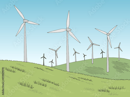 Windmills graphic color landscape sketch illustration vector