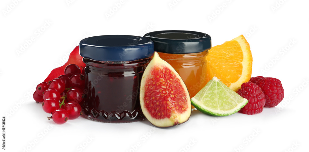 Jars of sweet jams and fresh ingredients on white background Jars of sweet jams and fresh ingredients on white background