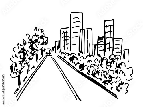 Hand-drawn black and white vector sketch. City center, avenue, alley, tall buildings, road. City landscape, simple drawing.