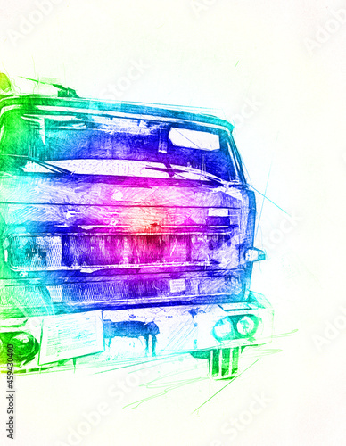 Vintage Commer Fire Engine - Truck parked in road, illustration, drawing, sketch Fototapet