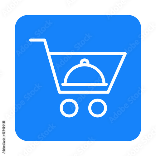 Logotipo con silueta de carrito de la compra con bandeja de comida con tapa con lineas en cuadrado color azul