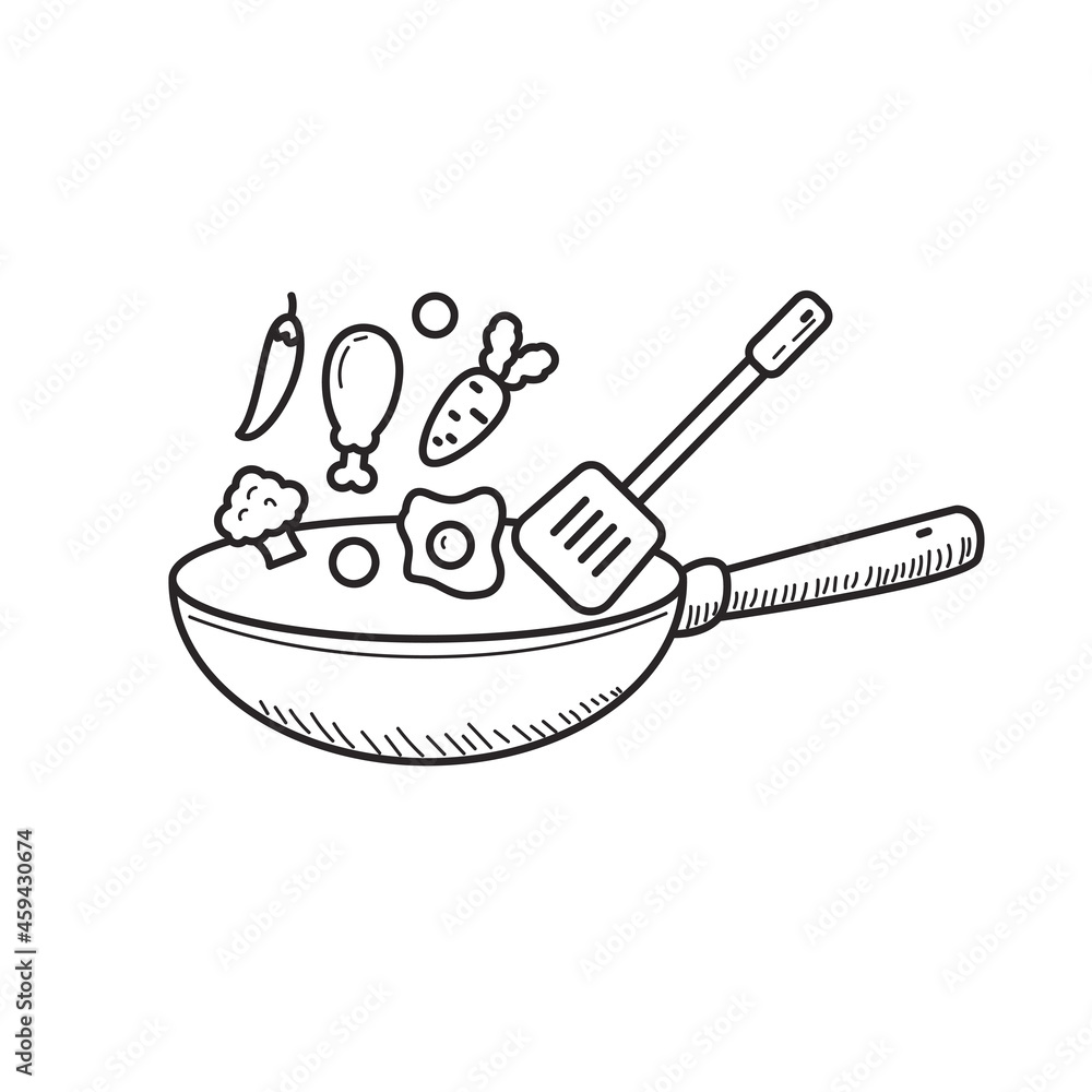 Wok doodle drawing with cute design isolated on white background suitable for cooking illustration Wok doodle drawing with cute design isolated on white background suitable for cooking illustration