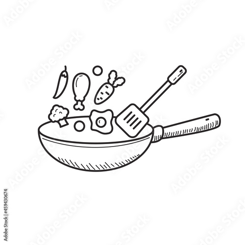 Wok doodle drawing with cute design isolated on white background suitable for cooking illustration