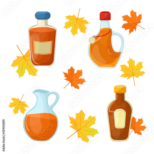 maple syrup in a glass bottle. Vector set of cartoon illustrations.