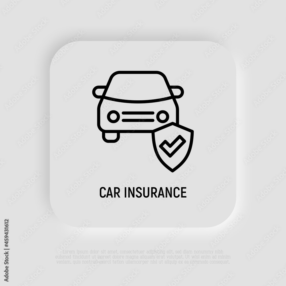 Car insurance thin line icon, car is protected by shield with check mark. Modern vector illustration. Car insurance thin line icon, car is protected by shield with check mark. Modern vector illustration.