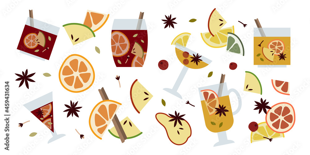 Christmas mulled wine with citrus fruit, apple, cinnamon, clove, cardamom and anise. Winter hot drink in glass. Sangria, apple cider. Traditional xmas beverage. Vector illustration, flat cartoon style