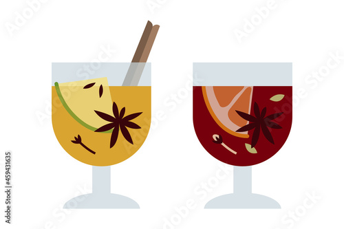 Christmas mulled wine with citrus fruit, apple, cinnamon, clove, cardamom and anise. Winter hot drink in glass. Sangria, apple cider. Traditional xmas beverage. Vector illustration, flat cartoon style