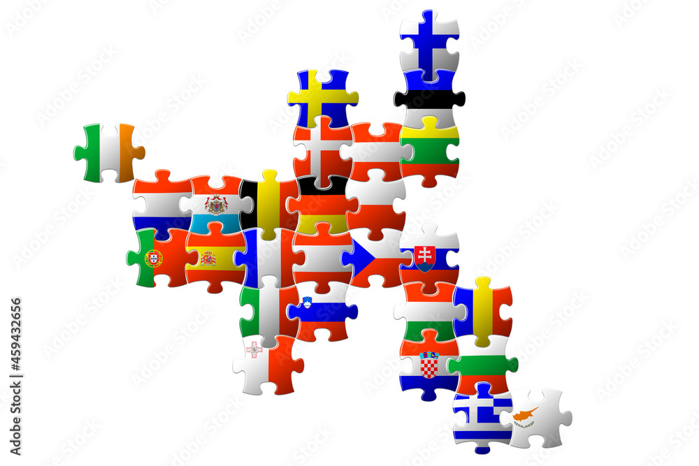 Fototapeta premium Puzzle map of the EU countries. Flags of the EU countries. Unification of Europe. Concept for design. 3D image.