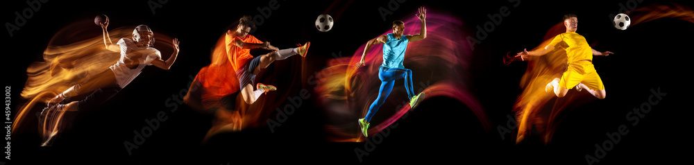 Collage of images of professional soccer and american football players in motion and action isolated on dark background in neon mixed light.