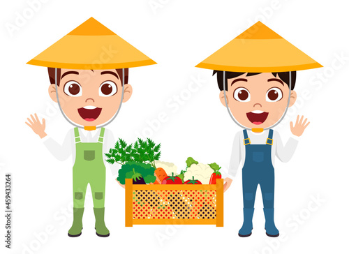 Happy cute kid boys farmer character standing and holding vegetables box together
