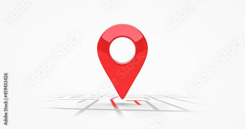 Red location symbol pin icon sign or navigation locator map travel gps direction pointer and marker place position point design isolated on white graphic road mark destination background. 3D render. photo