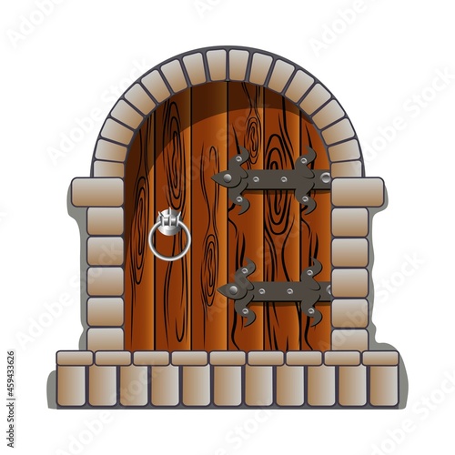 Castle door medieval vector cartoon and fairytail style, realistic and cool. Clip art vintage antique door hinges and solid stones