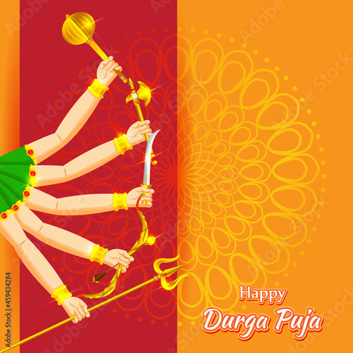 illustration of Goddess Durga Face in Happy Durga Puja Subh Navratri abstract background with text Durga puja