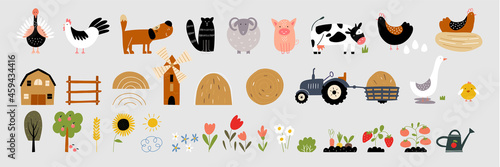 Garden, farm and agriculture. Vector illustration of farm animals and birds. Farm barn, tractor, fence, dried haystack, garden beds and harvest.