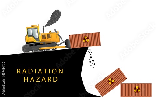 Burial of radioactive waste. A bulldozer drops a container into a quarry.