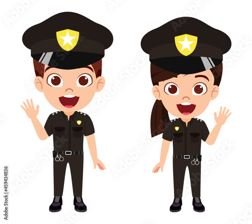Happy cute beautiful kid boy and girl police character standing and posing waving isolated