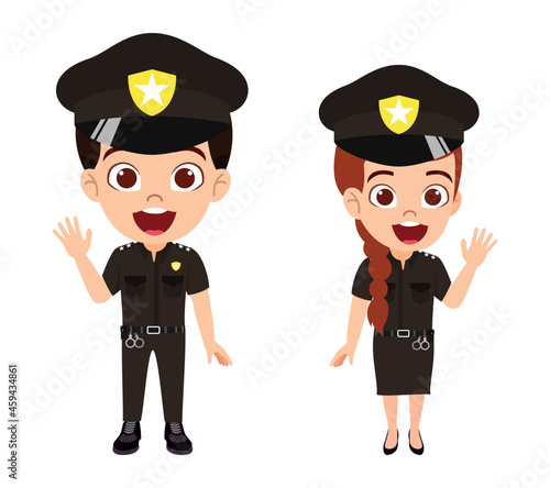 Happy cute beautiful kid boy and girl police character standing and posing waving