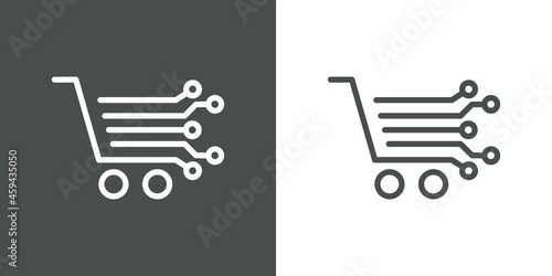 Logotipo con silueta de carrito de la compra con circuito digital con lineas con círculos en fondo gris y fondo banco