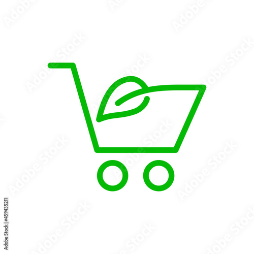 Logotipo con silueta de carrito de la compra con hoja de planta con lineas en color verde