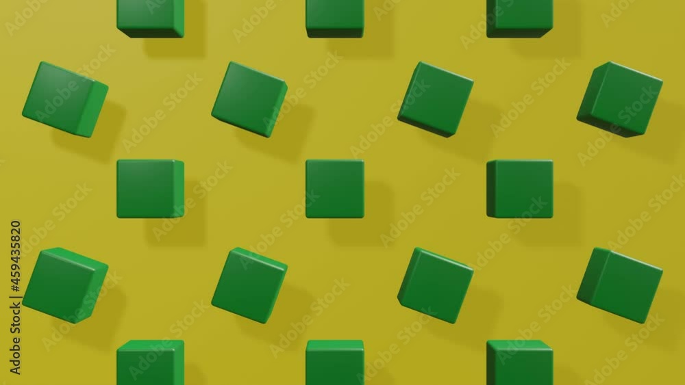 Several cube figures in green color rotating on a yellow background. Endless looping 3d animation. Video available in 4k and HD Several cube figures in green color rotating on a yellow background. Endless looping 3d animation. Video available in 4k and HD