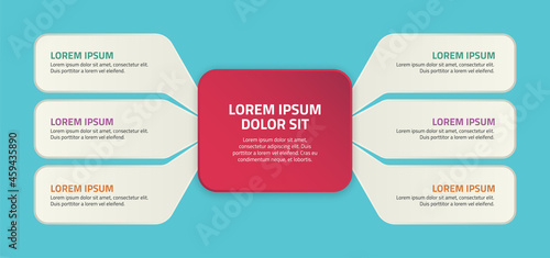 Mind map or layout with six elements attached to the main rectangle. The concept of the 6 features of the startup project.
