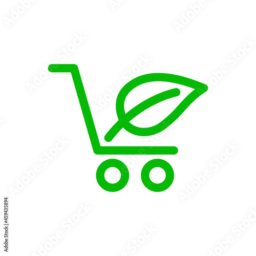Logotipo con silueta de carrito de la compra con hoja de planta con lineas en color verde