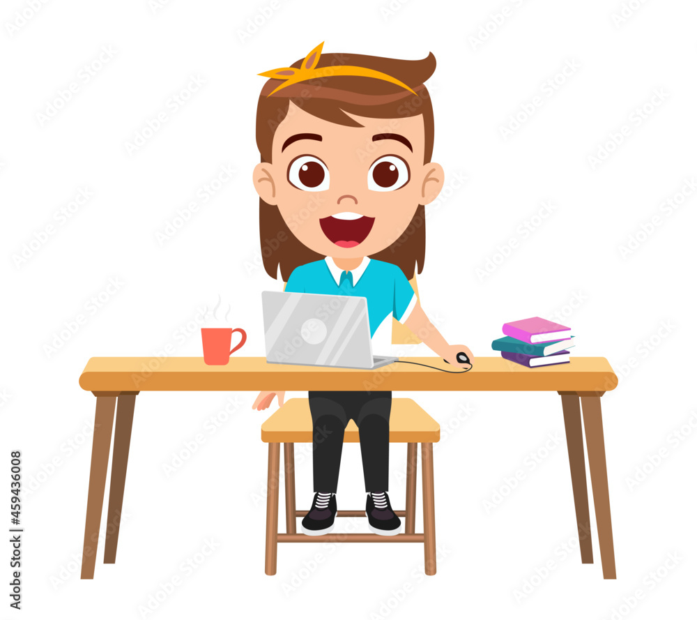 Happy cute kid girl character sitting on wooden desk studying with laptop and books and with coffee Happy cute kid girl character sitting on wooden desk studying with laptop and books and with coffee
