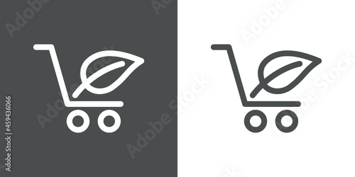 Logotipo con silueta de carrito de la compra con hoja de planta con lineas en fondo gris y fondo banco