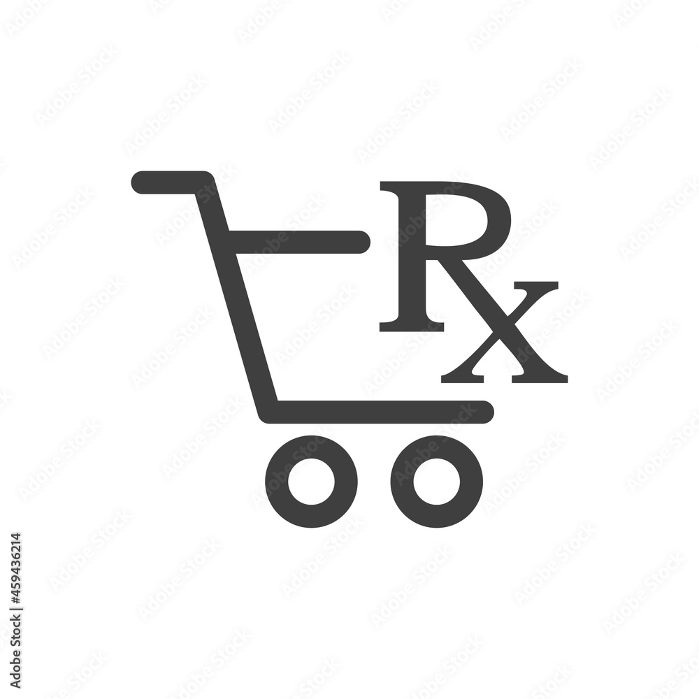 Logotipo con texto RX con silueta de carrito de la compra con lineas en color gris Logotipo con texto RX con silueta de carrito de la compra con lineas en color gris