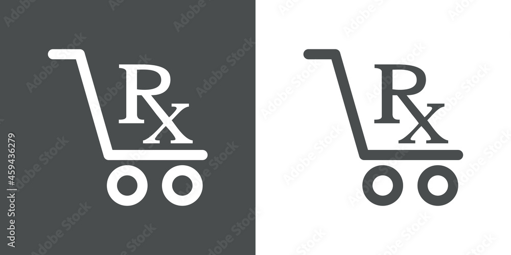 Logotipo con texto RX con silueta de carrito de la compra con lineas en fondo gris y fondo banco Logotipo con texto RX con silueta de carrito de la compra con lineas en fondo gris y fondo banco