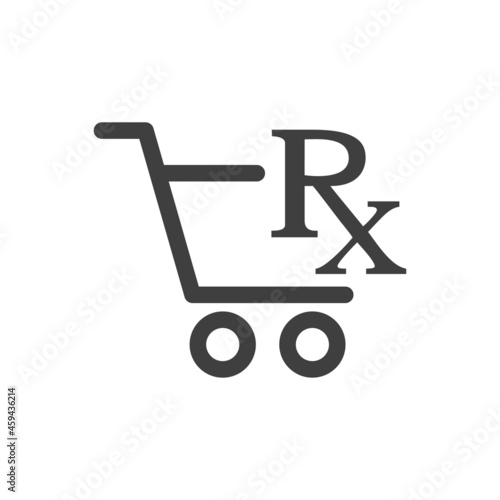 Logotipo con texto RX con silueta de carrito de la compra con lineas en color gris