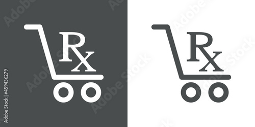 Logotipo con texto RX con silueta de carrito de la compra con lineas en fondo gris y fondo banco