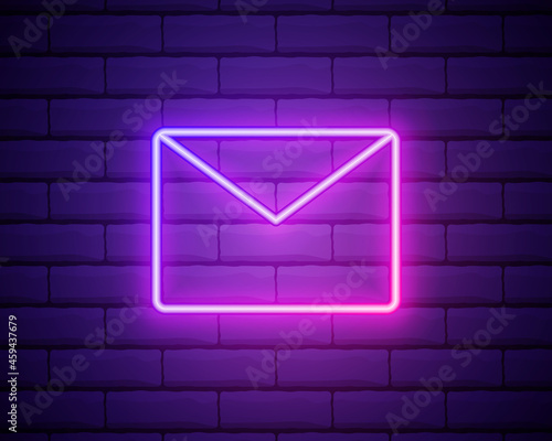 Glowing neon line Mail and e-mail icon isolated on brick wall background. Envelope symbol e-mail. Email message sign. Colorful outline concept. Vector
