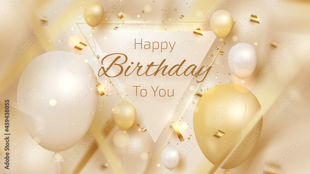Luxury happy birthday card background, balloons and golden ribbon and