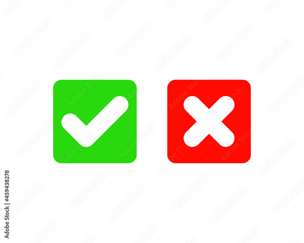 Green tick and red cross checkmarks in square flat icons. Vector illustration isolated on a white background. Acceptance of voting results. Premium quality. Green tick and red cross checkmarks in square flat icons. Vector illustration isolated on a white background. Acceptance of voting results. Premium quality.