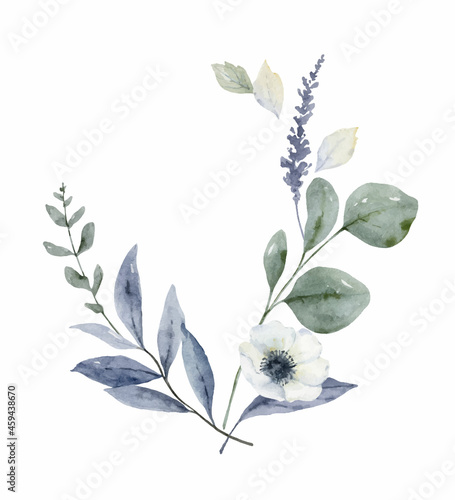 A watercolor vector winter wreath with dusty blue flowers and branches.