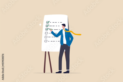 Completed checklist, finishing project tasks or work done conclusion, project management or process plan concept, smart businessman using pen to check on project list checkbox marked as completed.