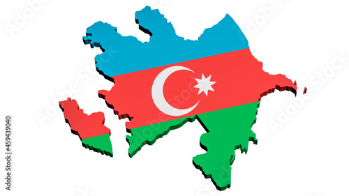 3D model of a map of Azerbaijan in the colors of the national flag on a white background. Isolated. Layout. Rendering