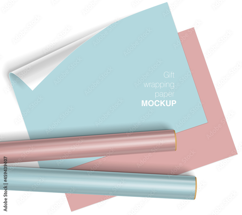 Vector gift wrapping paper rolls mock up on light background with transparent shadows. Template for your design - obrazy, fototapety, plakaty 