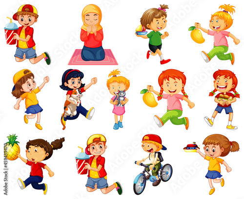 Children doing different activities cartoon character set on white background