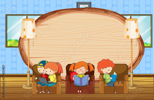 Empty wooden board in living room scene with many kids doodle cartoon character