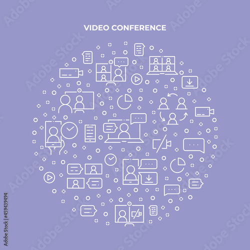 Online meeting circle concept made of thin line icons. Web conferencing, work from home, video communication, business process. Outline vector illustration for banner, poster, flyer or website