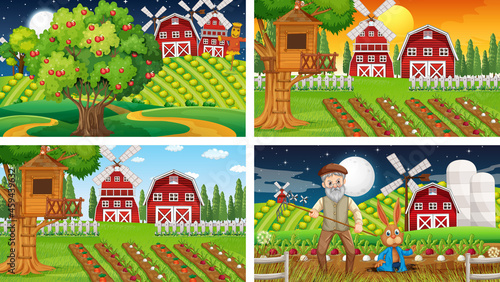 Different farm scenes with old farmer and animal cartoon character