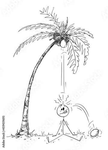 Person on Vacation Hit By Coconut Falling From Tree, Vector Cartoon Stick Figure Illustration