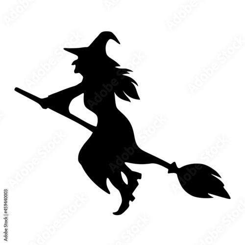 Vector black silhouette of a witch riding a broomstick isolated on a white background.