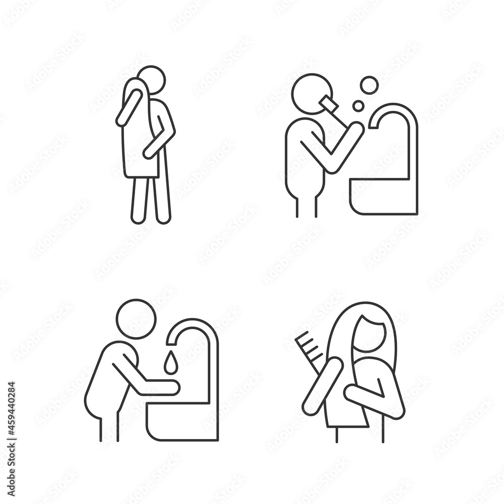 Day-to-day life linear icons set. Habits for healthy living. Everyday hygiene procedures. Customizable thin line contour symbols. Isolated vector outline illustrations. Editable stroke Day-to-day life linear icons set. Habits for healthy living. Everyday hygiene procedures. Customizable thin line contour symbols. Isolated vector outline illustrations. Editable stroke