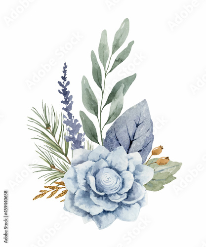 A watercolor vector winter bouquet with dusty blue flowers and branches.