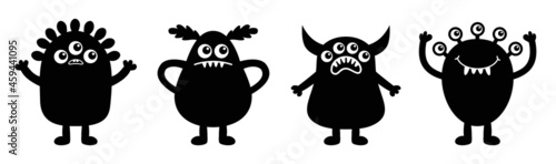 Monster icon set line banner. Happy Halloween. Funny face head body black silhouette. Kawaii cute cartoon baby character. Hands up, horn, eyes fang teeth tongue. Flat design. White background.
