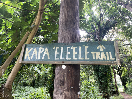 Closeup shot of a sign pointing hikers to Kapa 'Ele'ele trail in Kahana State Park in Oahu photo